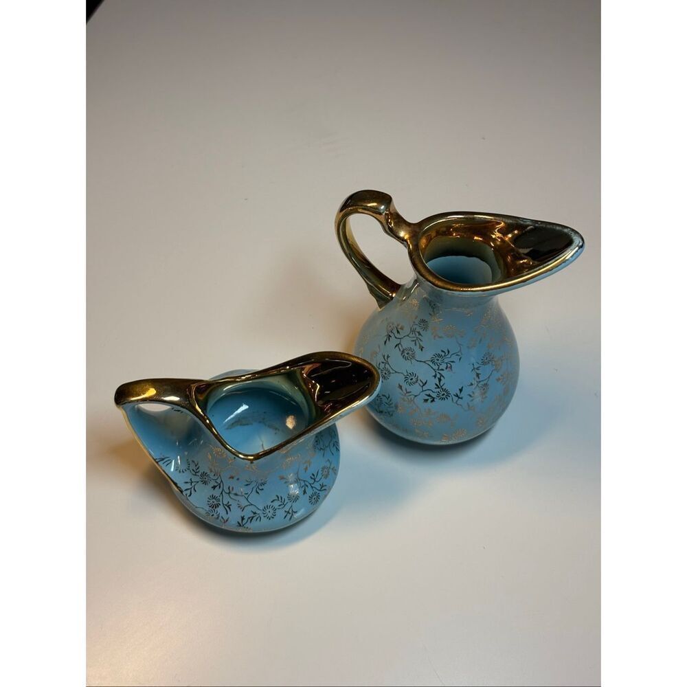 Pearl China Co Creamer Set Blue Gold Floral 22K Gold USA Vintage